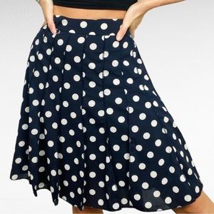 Premise Studio | Navy Blue Ivory Polka Dot Print Pleated Flowy Pinup Ski…